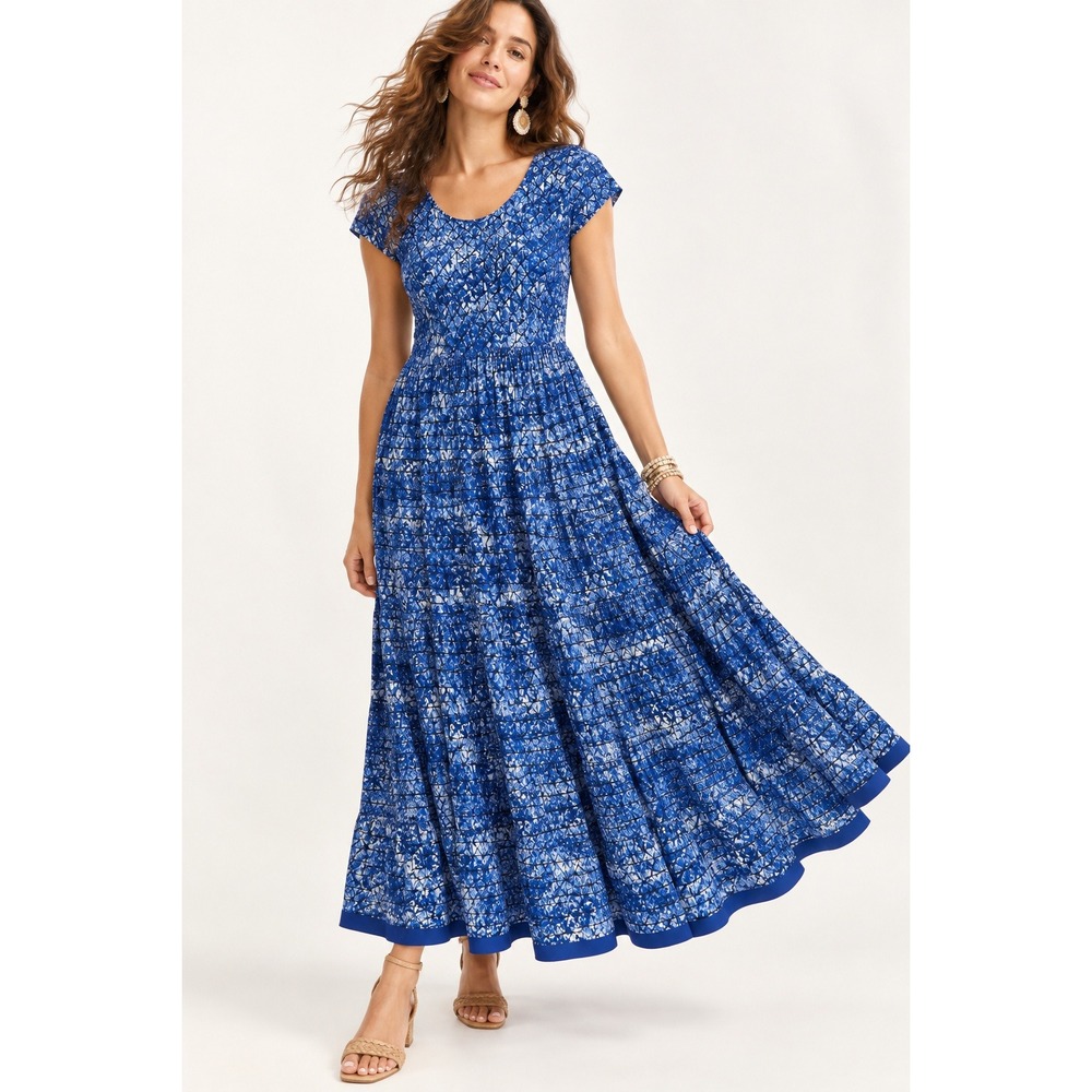 Soft Surroundings Kara Blue White Abstract Geometric Tiered Maxi Dress M NWOT